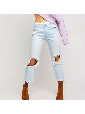 Free People Maggie Mid Rise Straight Leg Jeans Distressed Crop Raw Hem Size 27